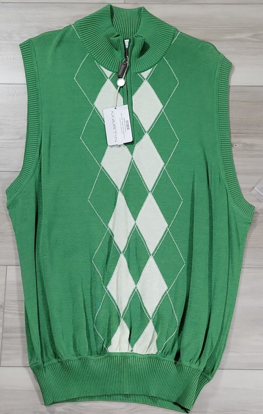 Martin Argyle Sweater Vest Men's Medium 1/4 Zip Green Golf New 100% Pima Cotton